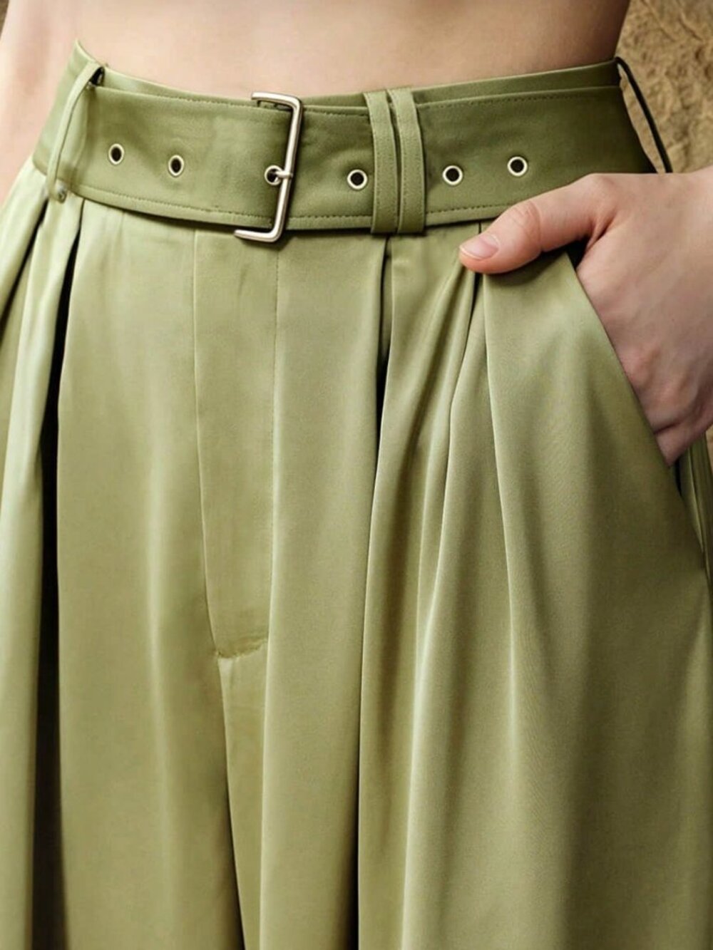 Olive Green Elegant Satin Wide-Leg Women's High-Waisted Office Pants - Picture 6 of 7